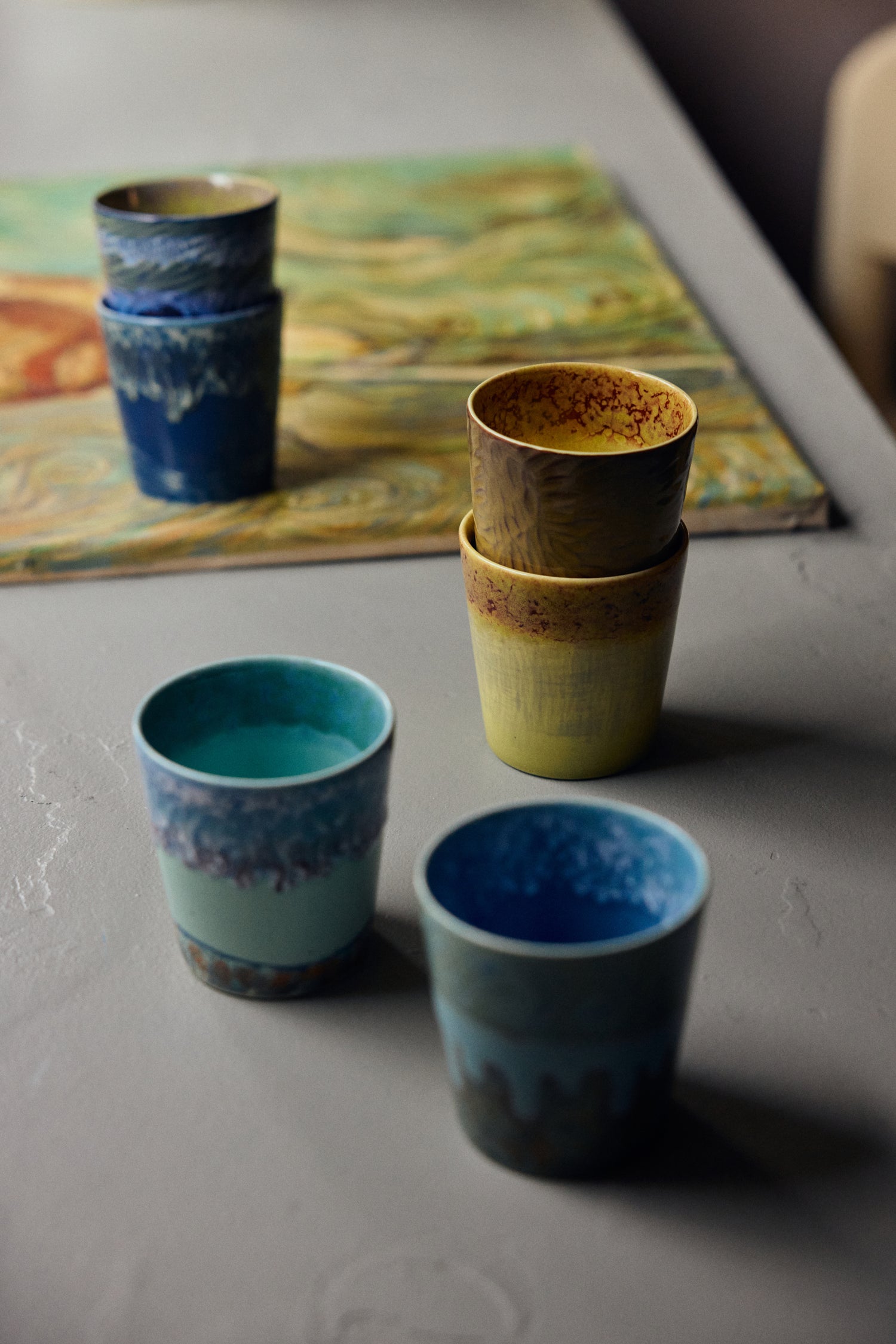 70s ceramics: Van Gogh coffee mugs, sunflowers (set of 2)