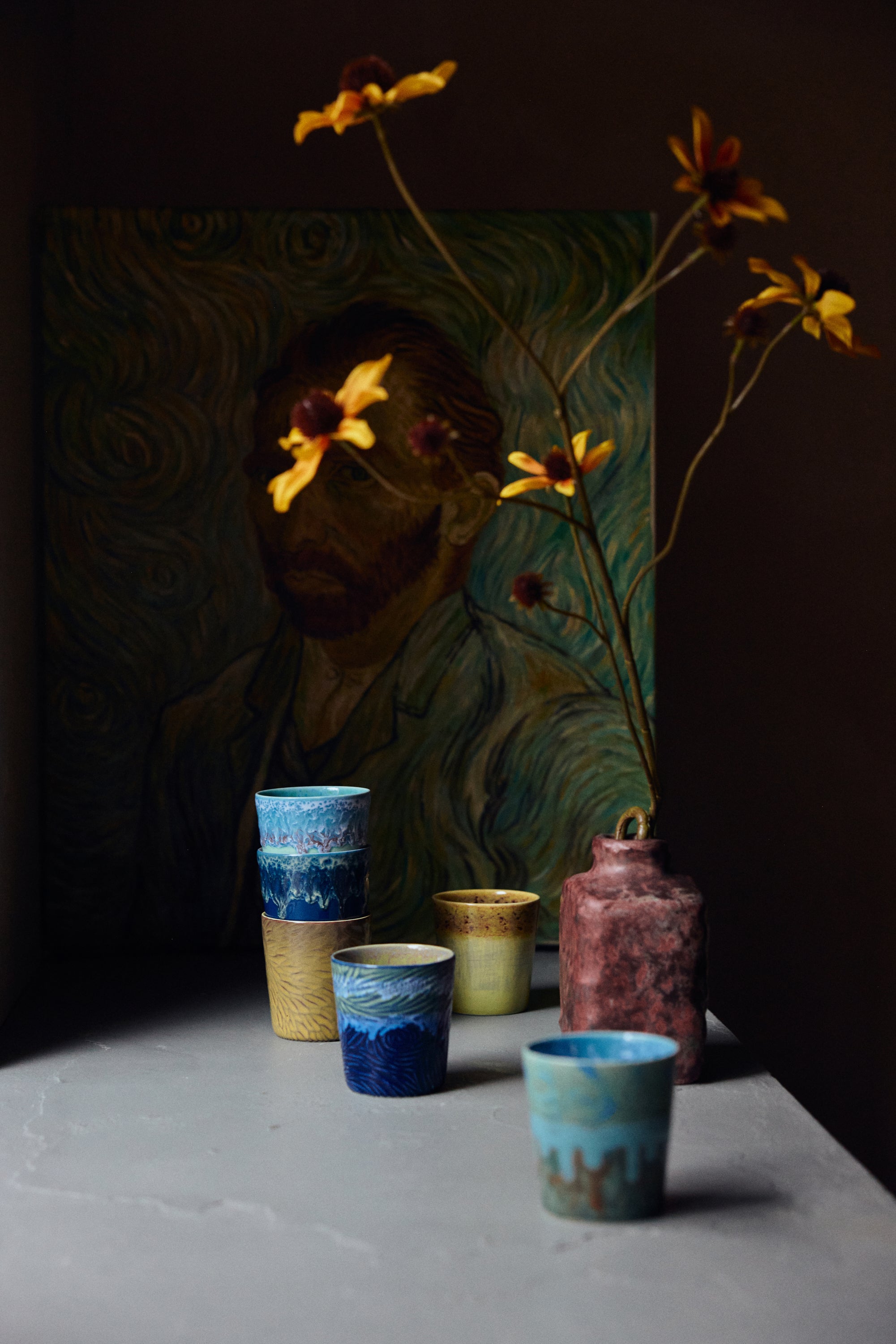 70s Keramik: Van Gogh Kaffeebecher, Sternennacht (Set mit 2)