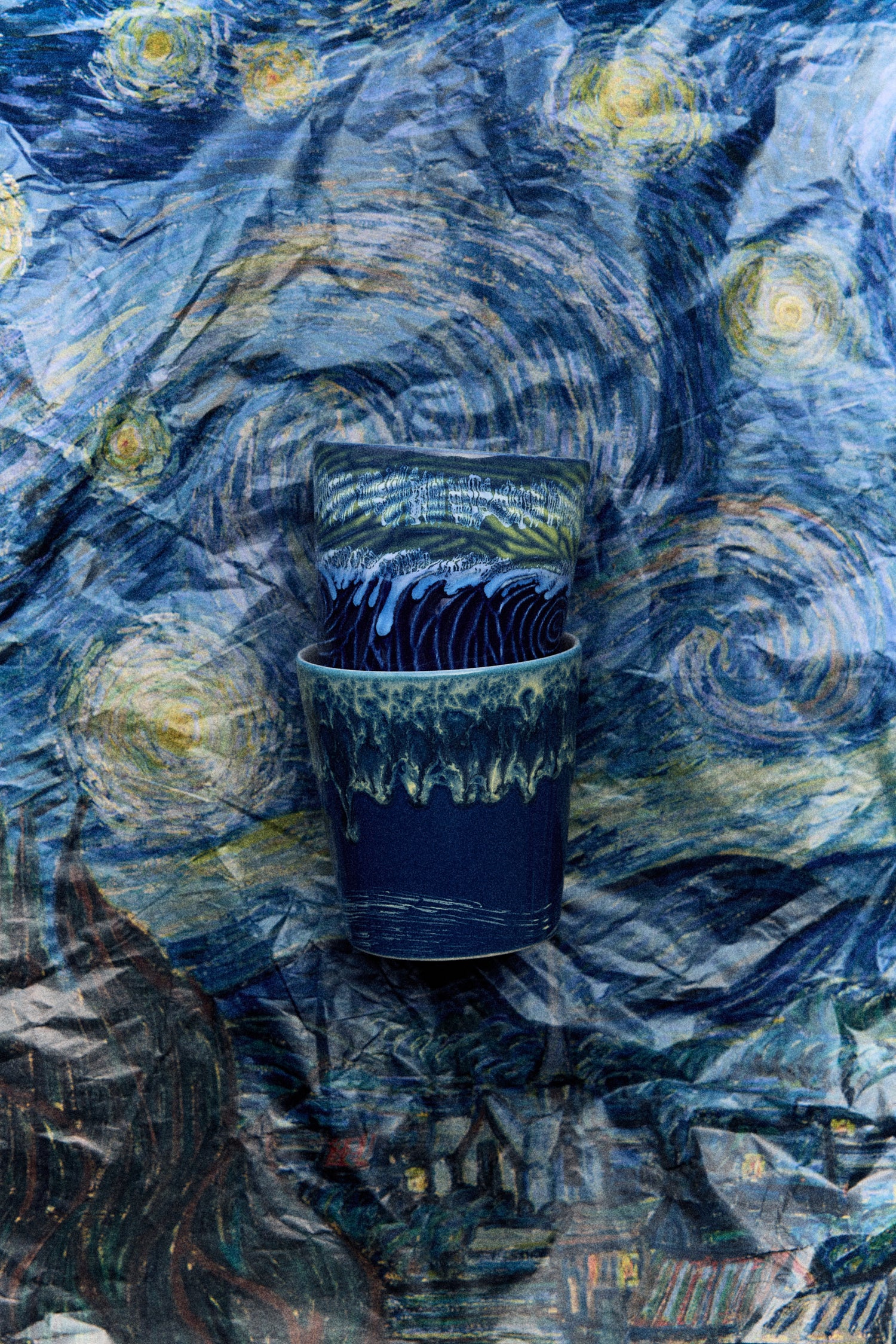70s Keramik: Van Gogh Kaffeebecher, Sternennacht (Set mit 2)