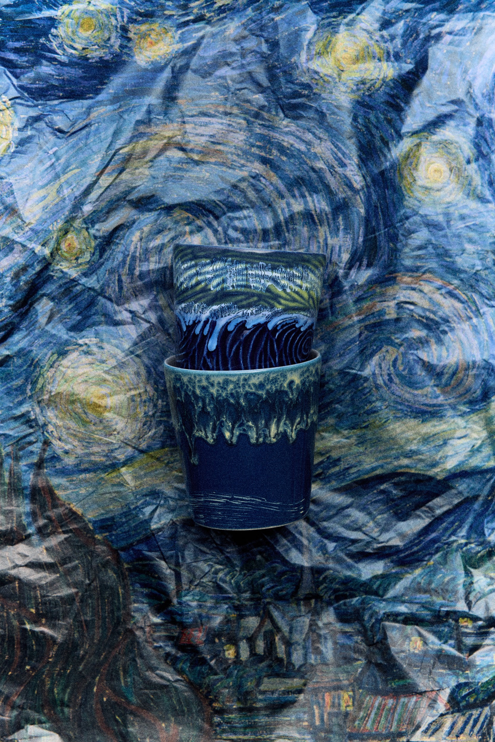 70s Keramik: Van Gogh Kaffeebecher, Sternennacht (Set mit 2)
